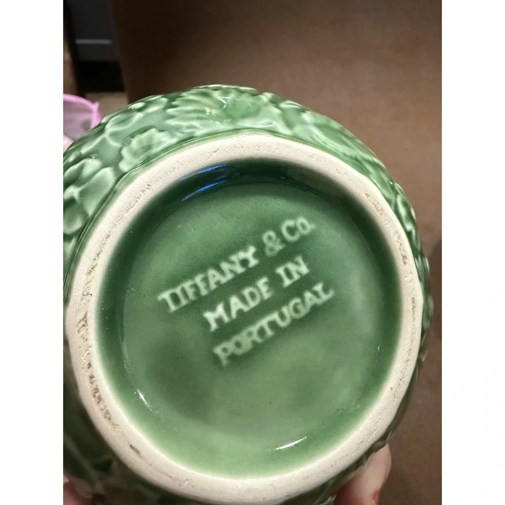 Tiffany & Co. Strawberry & Vine Green Majolica Cream & Sugar Set Portugal
